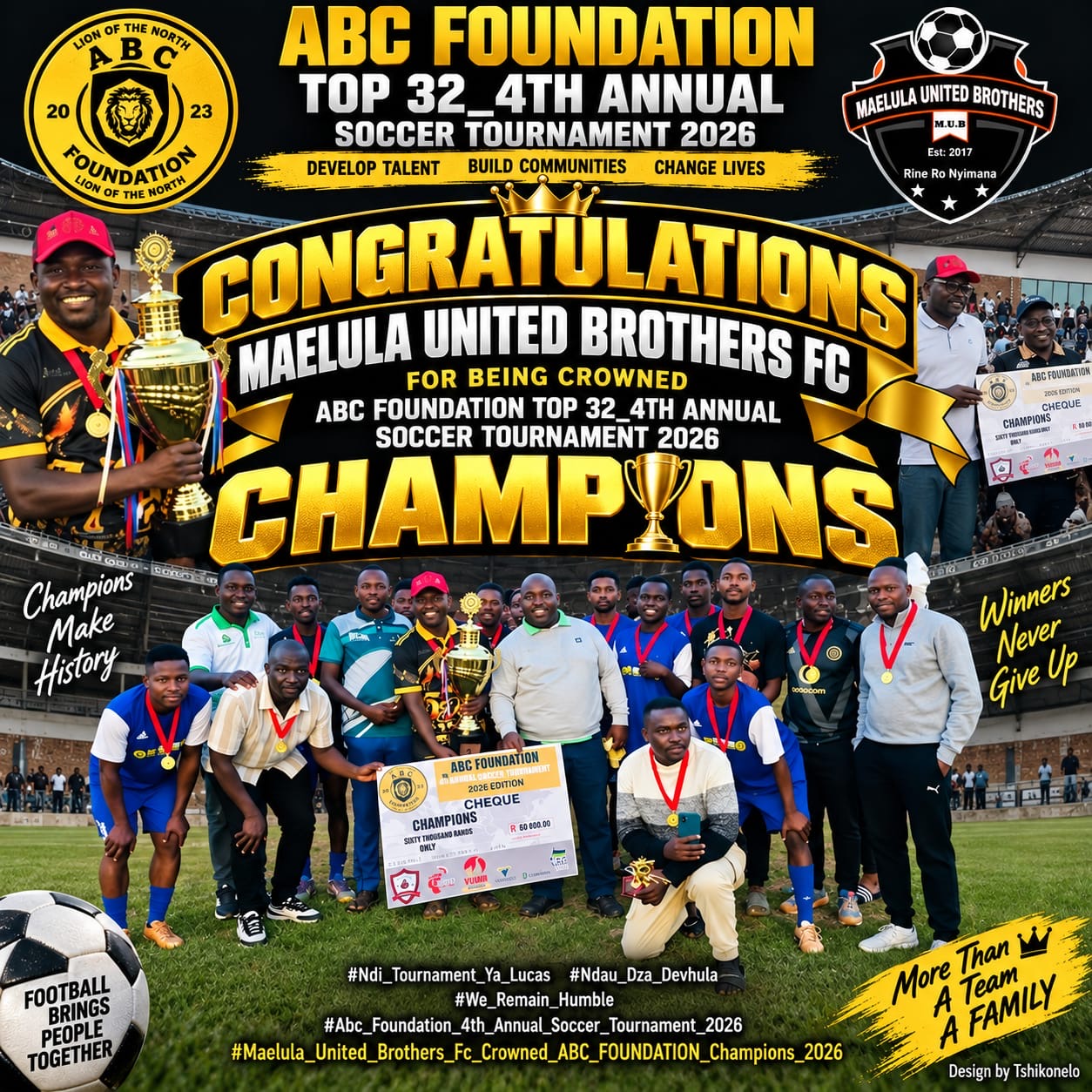 Maelula United Brothers FC celebrating with the ABC Foundation Tournament 2026 trophy and the R60 000 winners' cheque