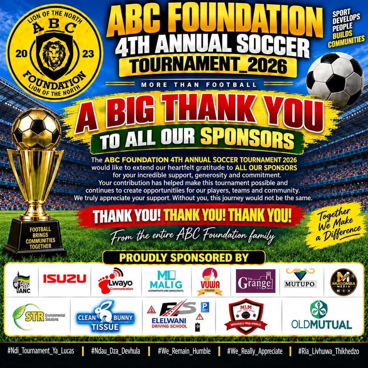ABC Foundation 4th Annual Soccer Tournament 2026 thank you poster listing all tournament sponsors